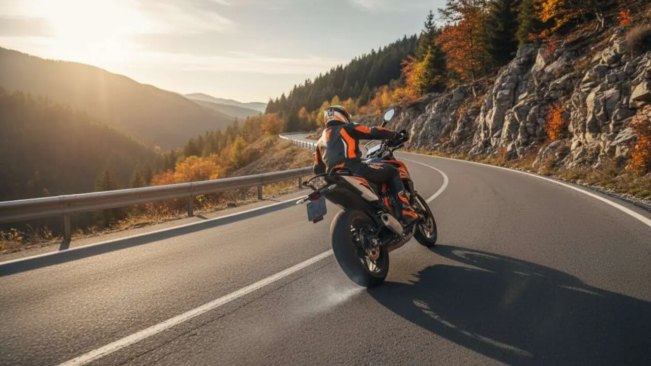  KTM 890 SMT 2026 en acci&oacute;n sobre curvas desafiantes combinando potencia y estabilidad para motos deportivas modernas &mdash; Imagen generada por IA 