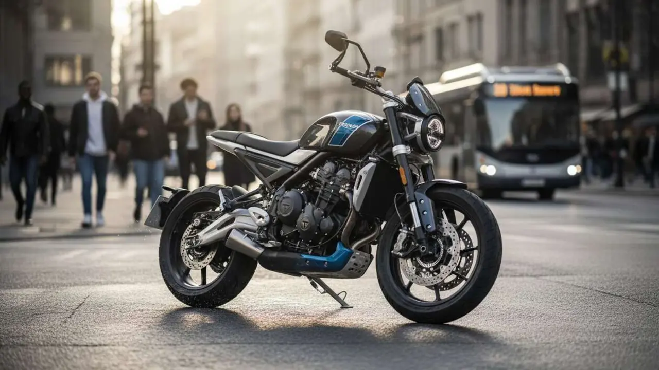  Triumph Tracker 400 2026 en ciudad mostrando su dise&ntilde;o moderno y rendimiento ideal para la movilidad urbana diaria &mdash; Imagen generada por IA 