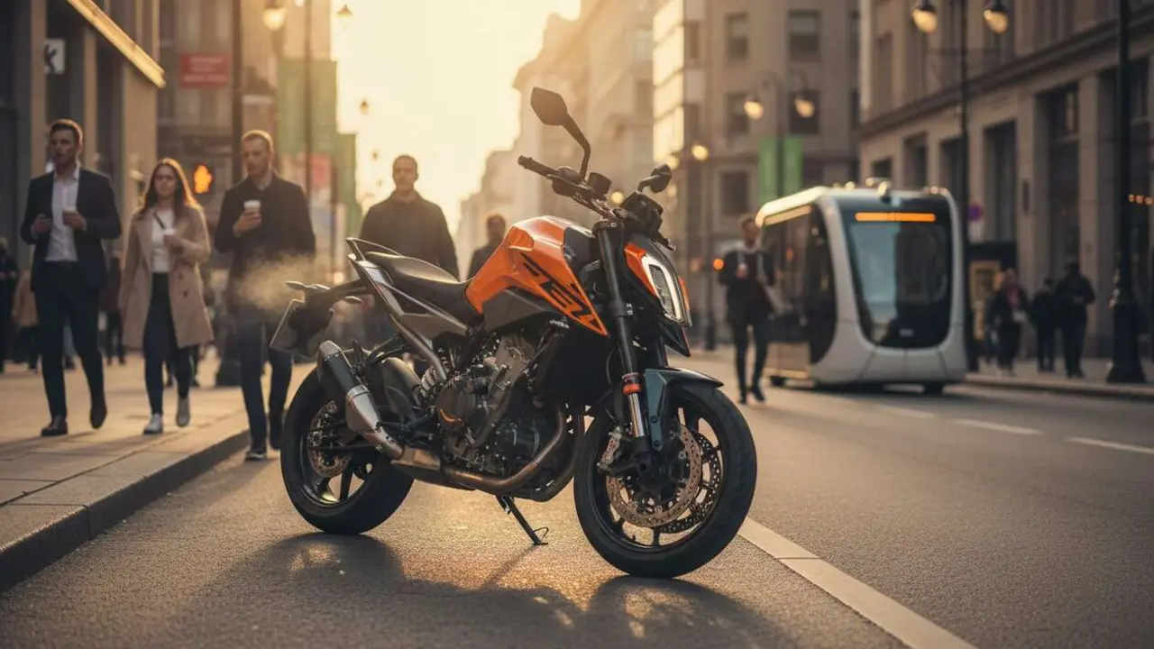  KTM 790 Duke 2027 en acci&oacute;n mostrando su dise&ntilde;o agresivo y tecnolog&iacute;a avanzada para motos urbanas &mdash; Imagen generada por IA 