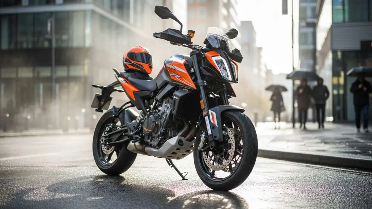  KTM 890 SMT 2026 en acci&oacute;n mostrando su dise&ntilde;o revolucionario y potencia para motos urbanas modernas &mdash; Imagen generada por IA 
