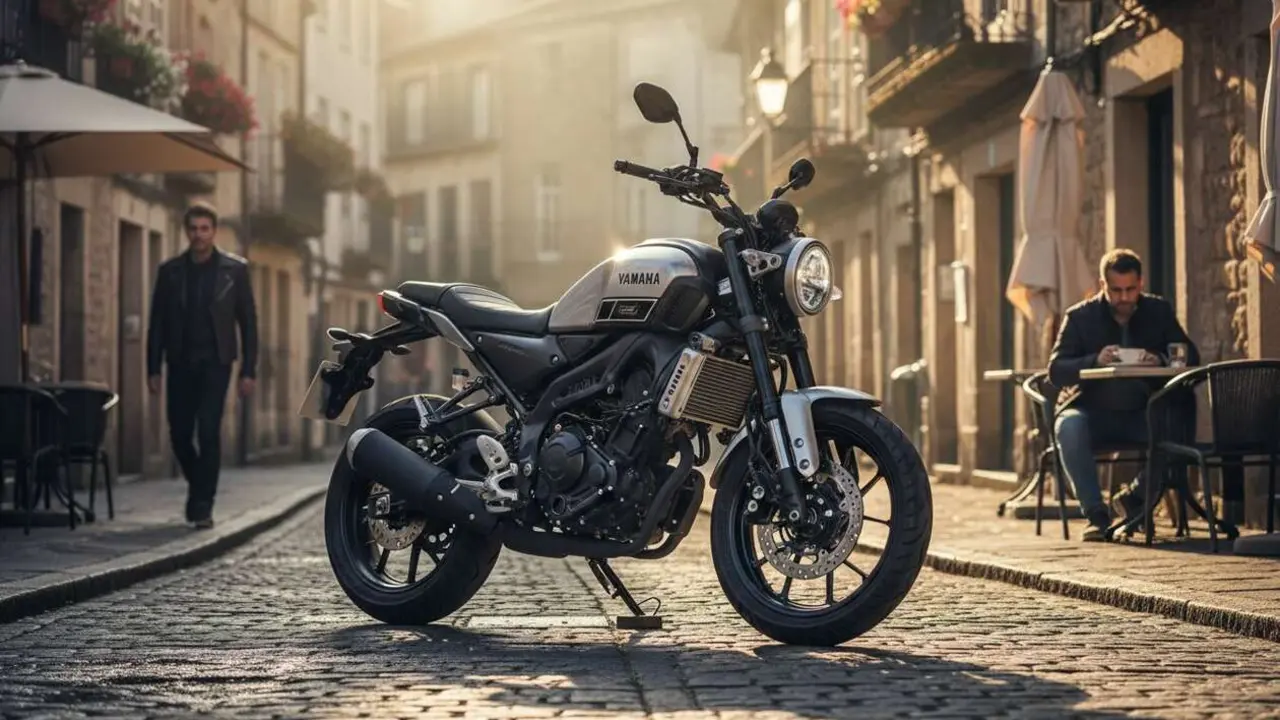  Yamaha XSR 125 Legacy 2026 en color negro cl&aacute;sico mostrando dise&ntilde;o retro moderno y detalles destacados &mdash; Imagen generada por IA 