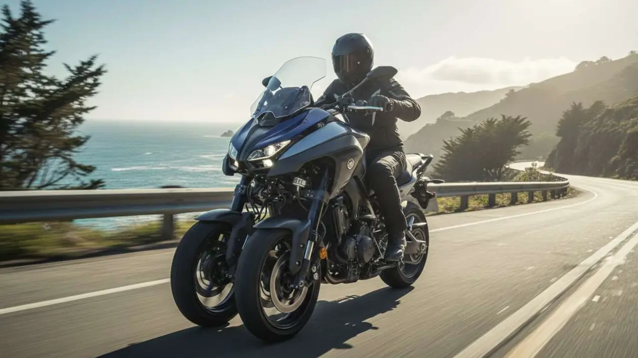  Yamaha Niken GT 2026 en carretera mostrando su innovador dise&ntilde;o de moto de 3 ruedas para una conducci&oacute;n segura y emocionante &mdash; Imagen generada por IA 