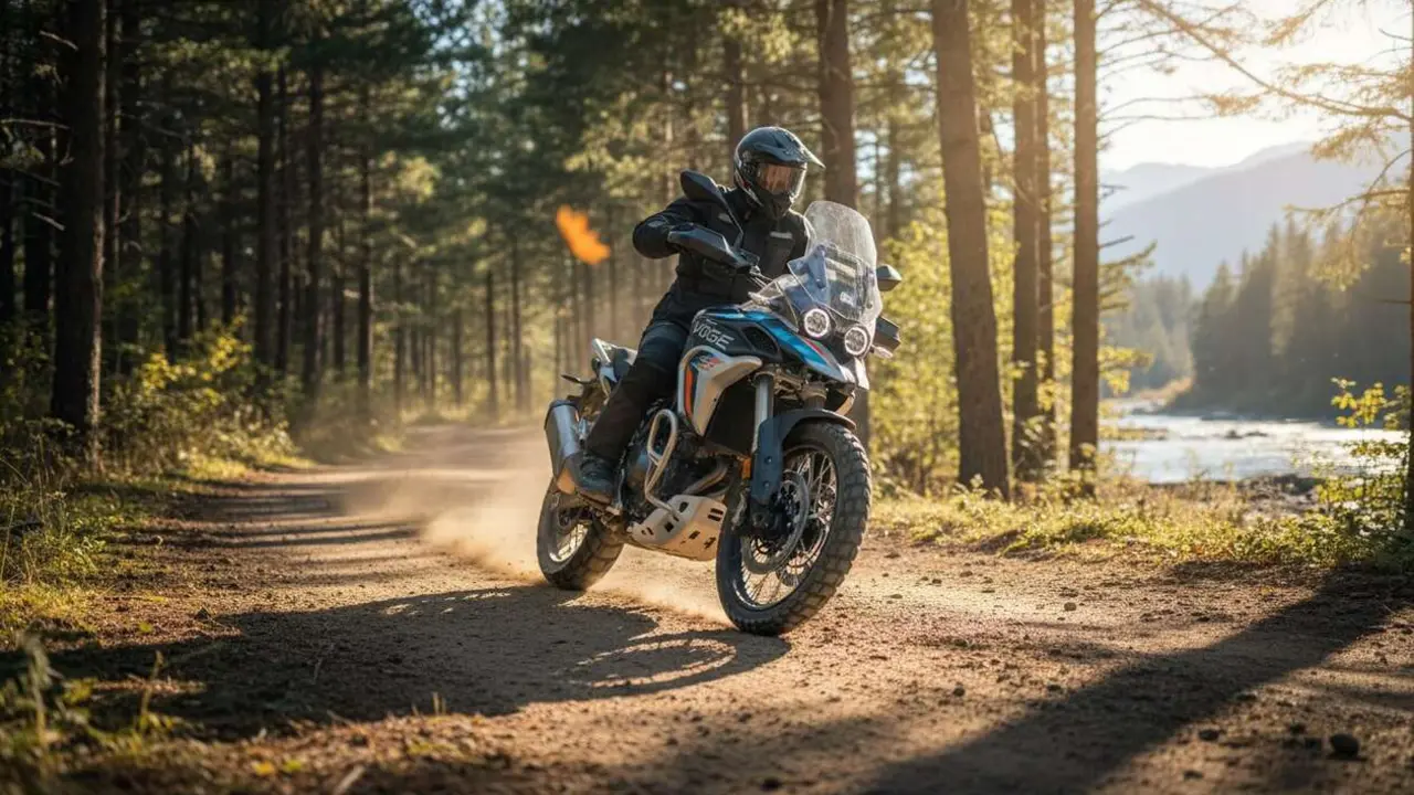  Voge 525 DSX 2026 en acci&oacute;n mostrando su potencia y dise&ntilde;o innovador en el mercado de motos trail este a&ntilde;o &mdash; Imagen generada por IA 
