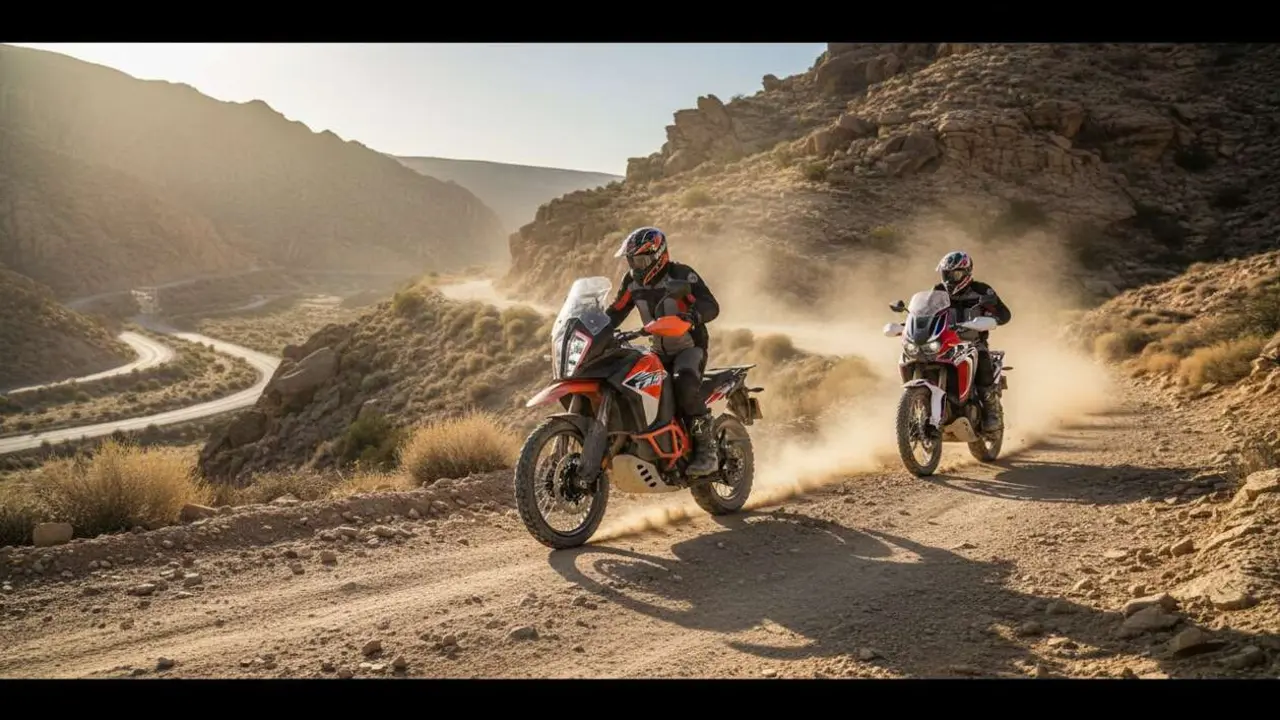  KTM 1390 Super Adventure y Honda Africa Twin 1100 enfrentadas en una comparativa off-road de motos de aventura robustas y potentes &mdash; Imagen generada por IA 