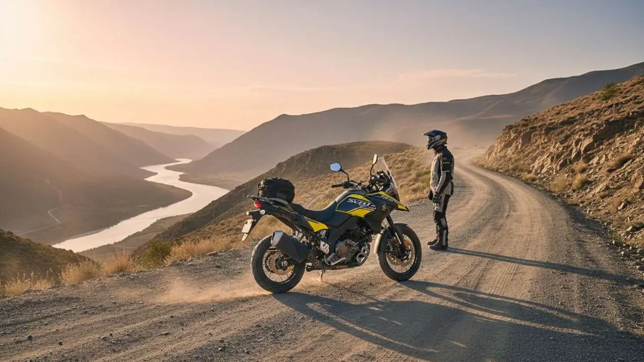  Suzuki V-Strom 800DE en acci&oacute;n destacando su dise&ntilde;o trail para aventuras todoterreno y rutas sin l&iacute;mites &mdash; Imagen generada por IA 