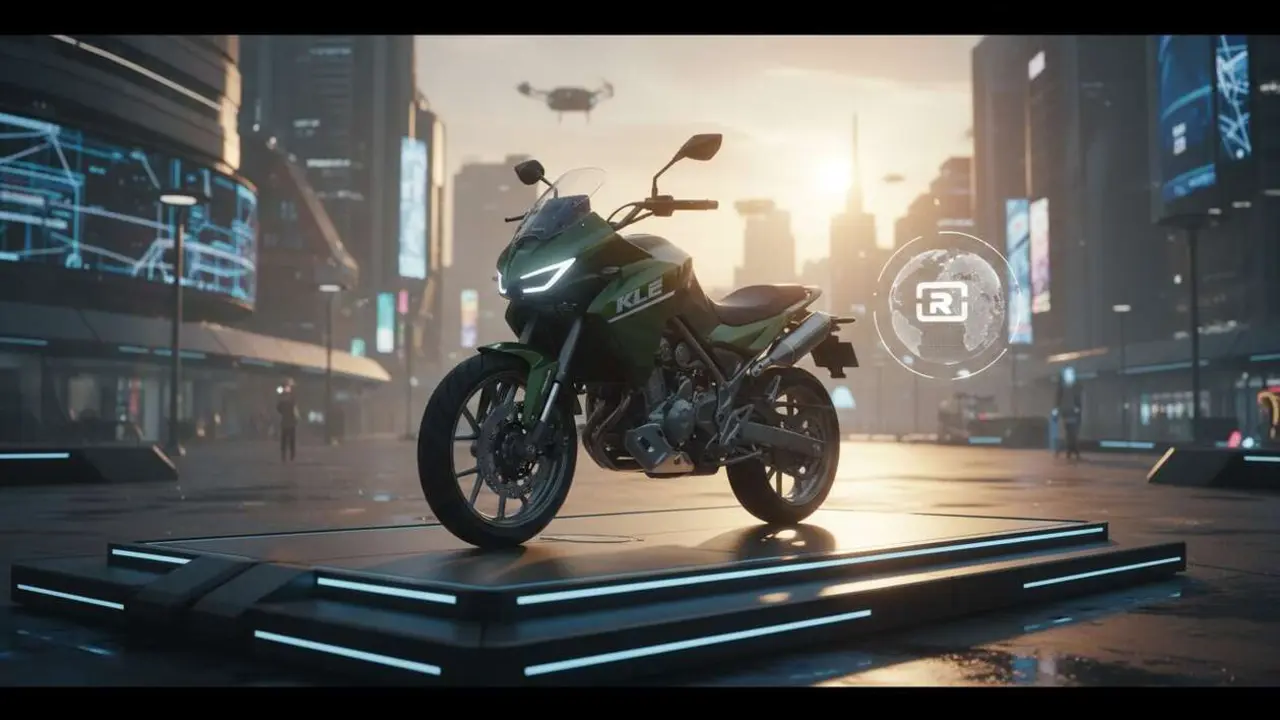  Kawasaki KLE 500 2026 en exhibici&oacute;n mostrando su dise&ntilde;o innovador y detalles del nuevo modelo de moto trail &mdash; Imagen generada por IA 