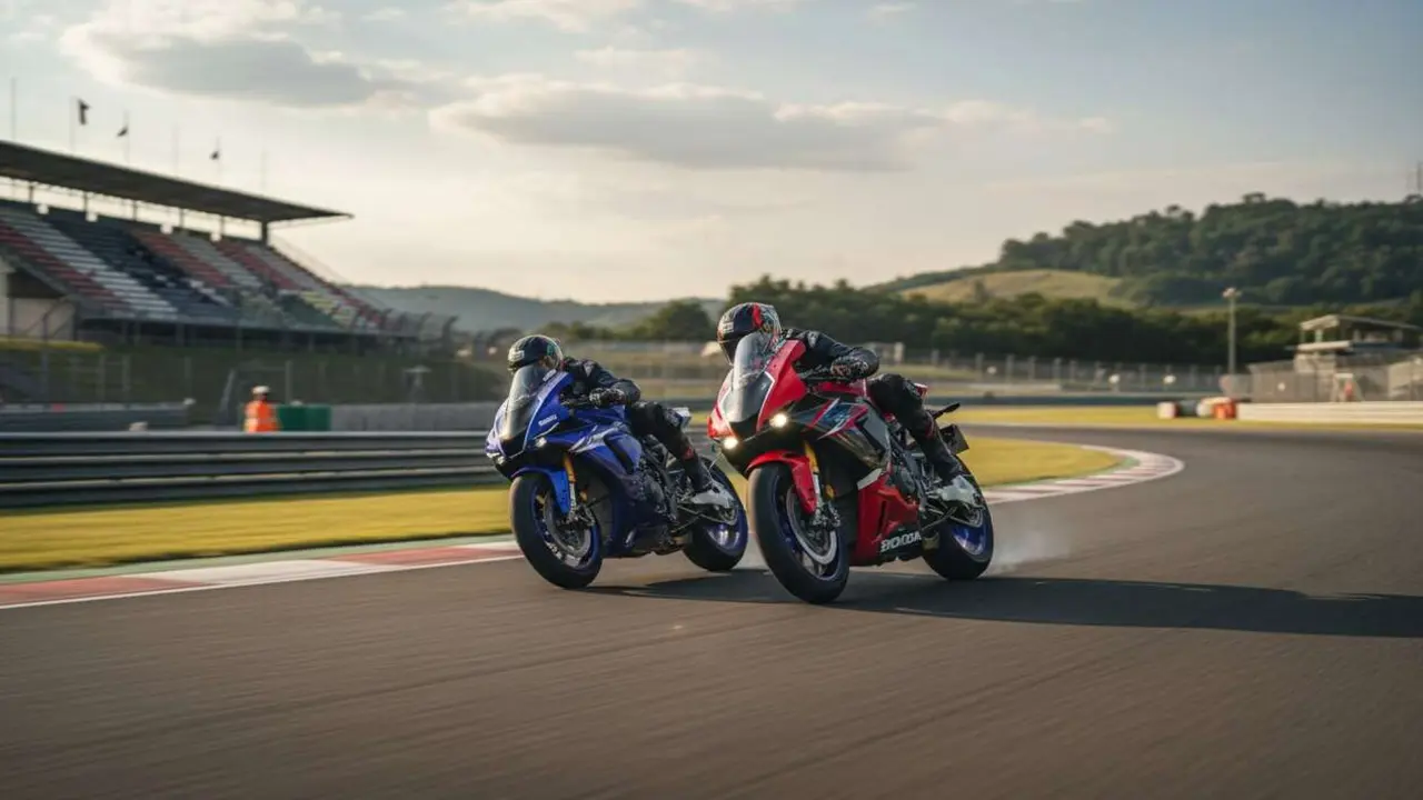  Honda CBR 1000RR vs Yamaha YZF R1 2026 enfrentamiento en pista de las mejores motos deportivas del a&ntilde;o &mdash; Imagen generada por IA 