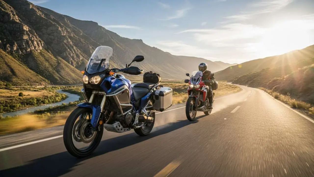  Comparativa Yamaha Super Tenere 1200 vs Honda Africa Twin 1100 en acci&oacute;n sobre asfalto y terreno mixto &mdash; Imagen generada por IA 