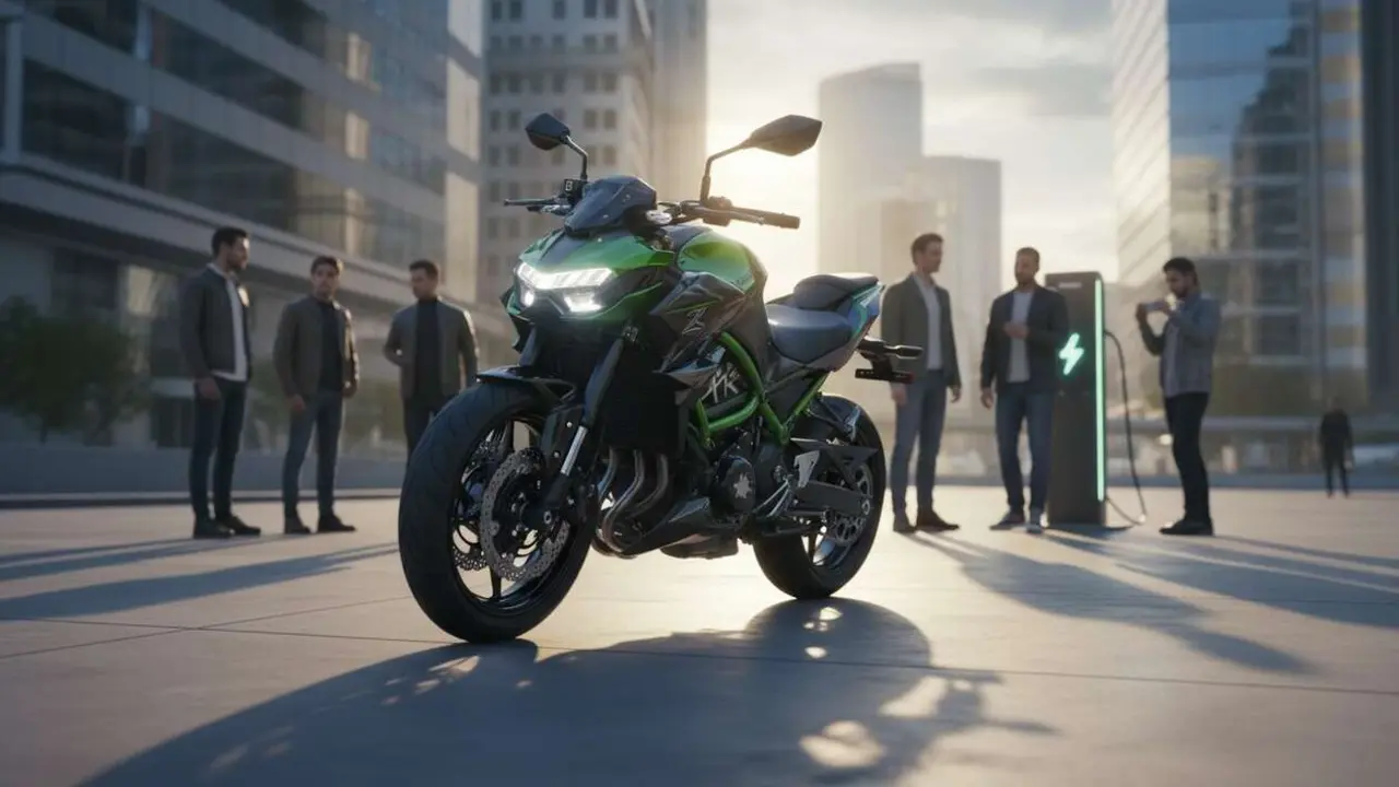  Kawasaki Z e-1 en acci&oacute;n mostrando su dise&ntilde;o innovador y potencia el&eacute;ctrica revolucionaria para motos urbanas &mdash; Imagen generada por IA 