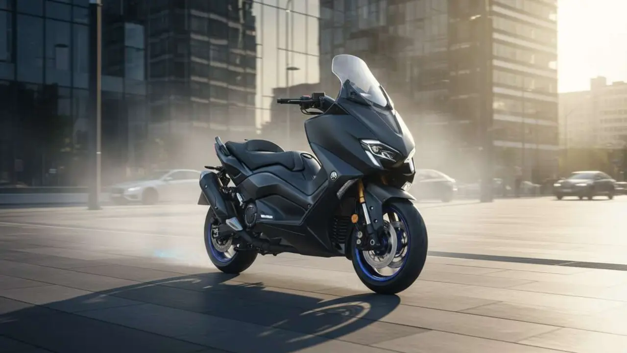  Yamaha TMAX Tech Max 2026 en primer plano mostrando su dise&ntilde;o innovador y potencia avanzada para scooter de alta gama &mdash; Imagen generada por IA 