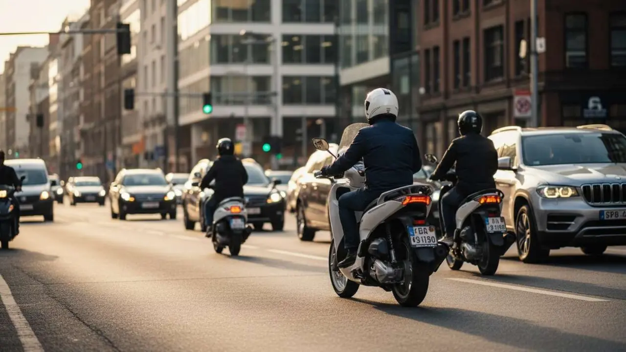  Honda SH125 en ciudad mostrando su eficiencia y rendimiento en el tr&aacute;fico urbano actual &mdash; Imagen generada por IA 