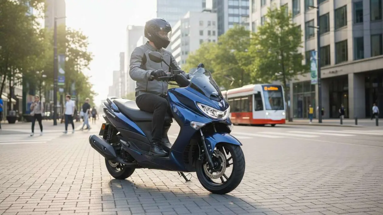  Suzuki Burgman Street 125 2026 en color negro estacionada en ciudad moderna mostrando su dise&ntilde;o urbano renovado &mdash; Imagen generada por IA 