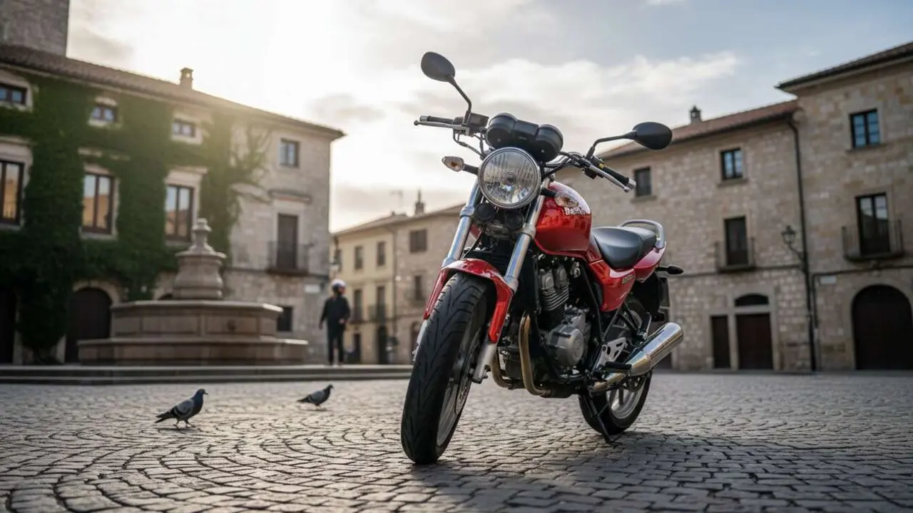  Benelli BKS 125 estacionada en carretera mostrando dise&ntilde;o y caracter&iacute;sticas antes de comprar la pr&oacute;xima moto &mdash; Imagen generada por IA 