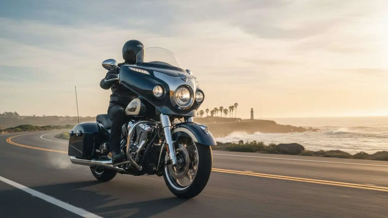  Indian Roadmaster Elite mostrando su dise&ntilde;o de lujo y avanzada tecnolog&iacute;a en una carretera panor&aacute;mica &mdash; Imagen generada por IA 