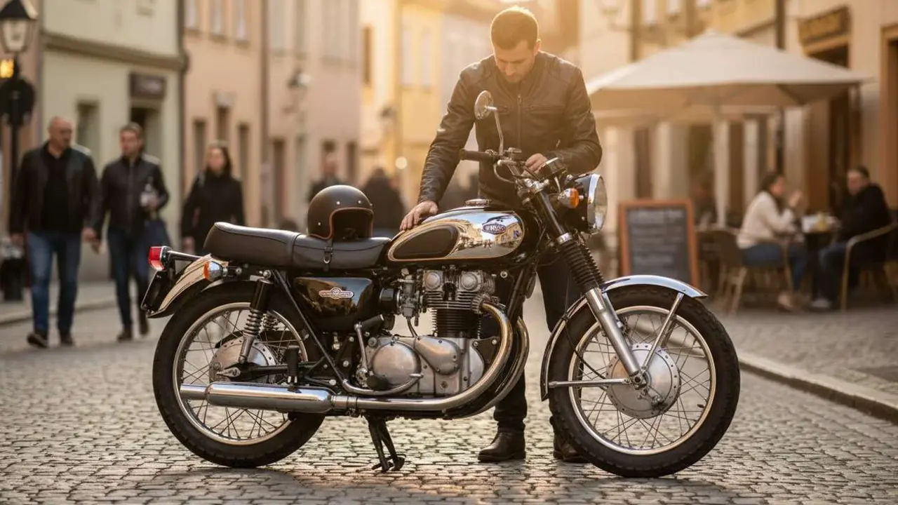 Kawasaki Meguro S1 moto cl&aacute;sica legendaria estacionada en carretera con paisaje natural de fondo &mdash; Imagen generada por IA 
