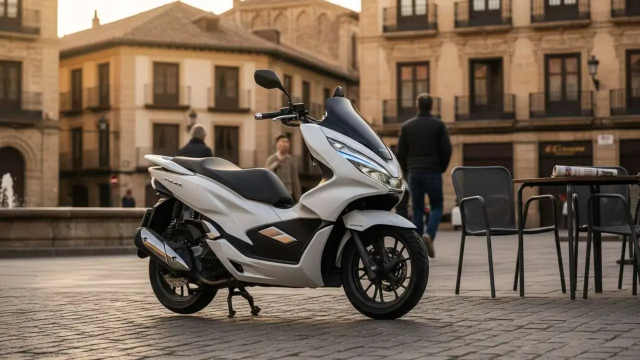  Honda PCX125 2026 en acci&oacute;n por calles espa&ntilde;olas mostrando su dise&ntilde;o moderno y eficiencia urbana &mdash; Imagen generada por IA 