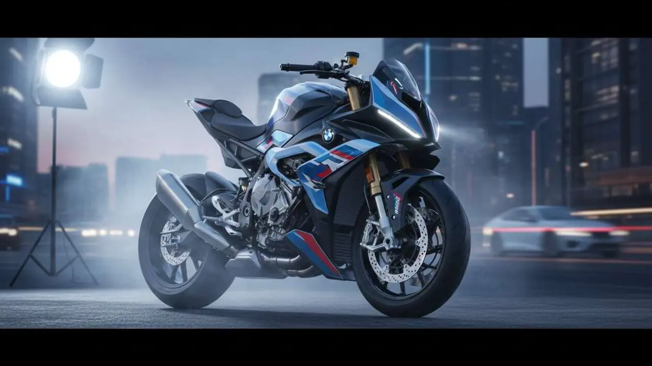  BMW M 1000 R 2027 vista lateral en carretera destacando su dise&ntilde;o y potencia en la nueva era de motos deportivas &mdash; Imagen generada por IA 