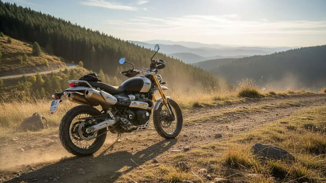  Triumph Scrambler 400 X en carretera mostrando su dise&ntilde;o y estilo aventurero desde 6.345 euros &mdash; Imagen generada por IA 