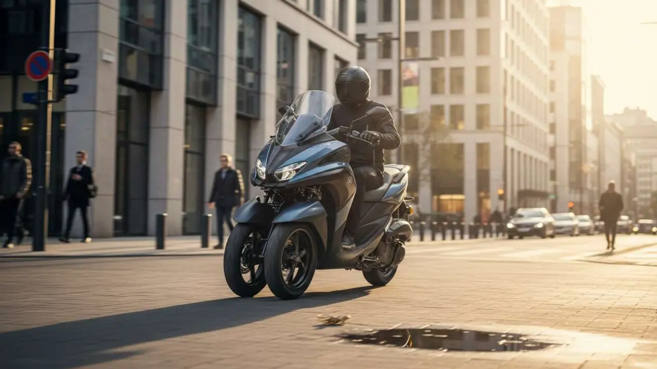  Yamaha Tricity 300 en movimiento por la ciudad mostrando su dise&ntilde;o moderno y funcionalidad para la movilidad urbana &mdash; Imagen generada por IA 