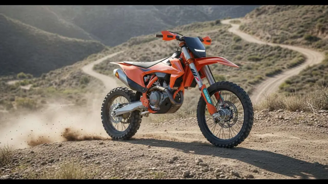  KTM 250 EXC-F 2027 en acci&oacute;n mostrando sus nuevas caracter&iacute;sticas para una experiencia off-road mejorada &mdash; Imagen generada por IA 