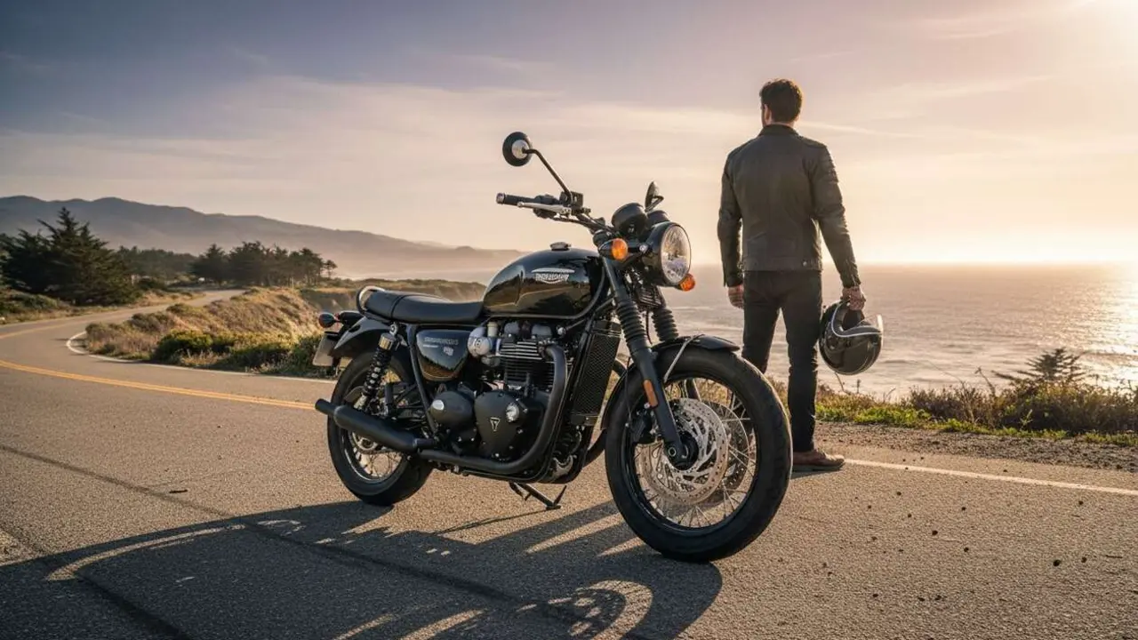  Triumph Bonneville T120 Black 2026 en color negro, moto retro perfecta y limitable para carnet A2 &mdash; Imagen generada por IA 