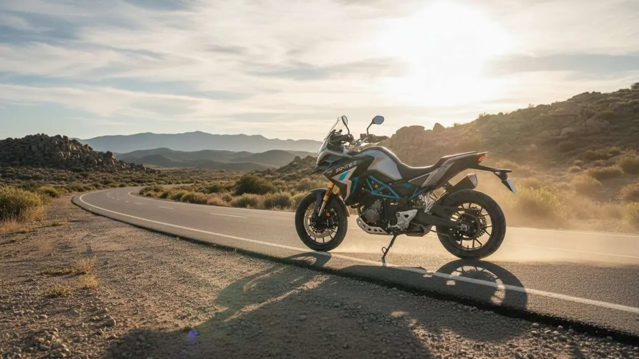  Zontes 703F 2026 en acci&oacute;n, una moto trail avanzada dise&ntilde;ada para dominar tanto el asfalto como el campo con alta tecnolog&iacute;a &mdash; Imagen generada por IA 