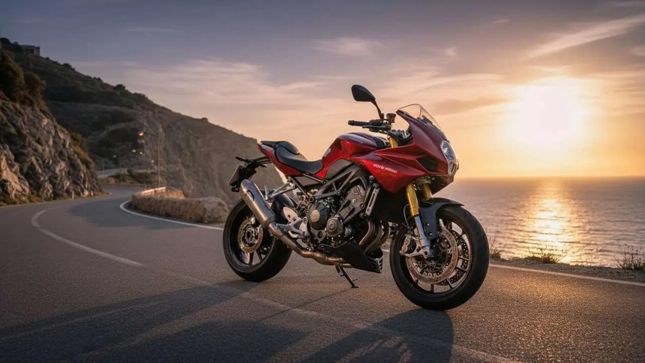  Moto Morini Corsaro Sport 2026 vista lateral en carretera mostrando dise&ntilde;o deportivo y tecnolog&iacute;a avanzada italiana &mdash; Imagen generada por IA 