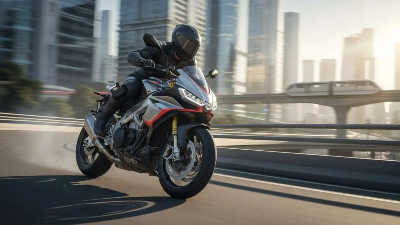  Aprilia Tuono V4 2026 en acci&oacute;n mostrando su dise&ntilde;o innovador y tecnolog&iacute;a avanzada para motos deportivas &mdash; Imagen generada por IA 