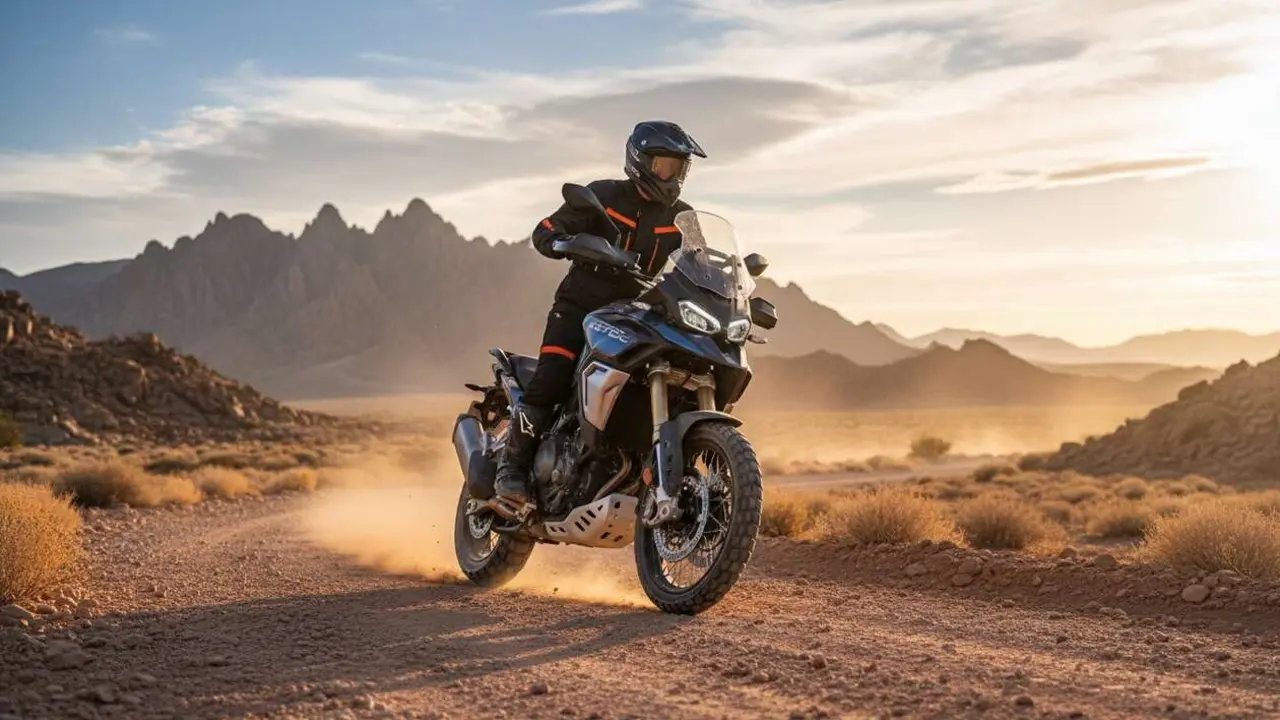  CFMOTO 800MT-ES en acci&oacute;n mostrando su dise&ntilde;o innovador y rendimiento excepcional como moto trail moderna &mdash; Imagen generada por IA 