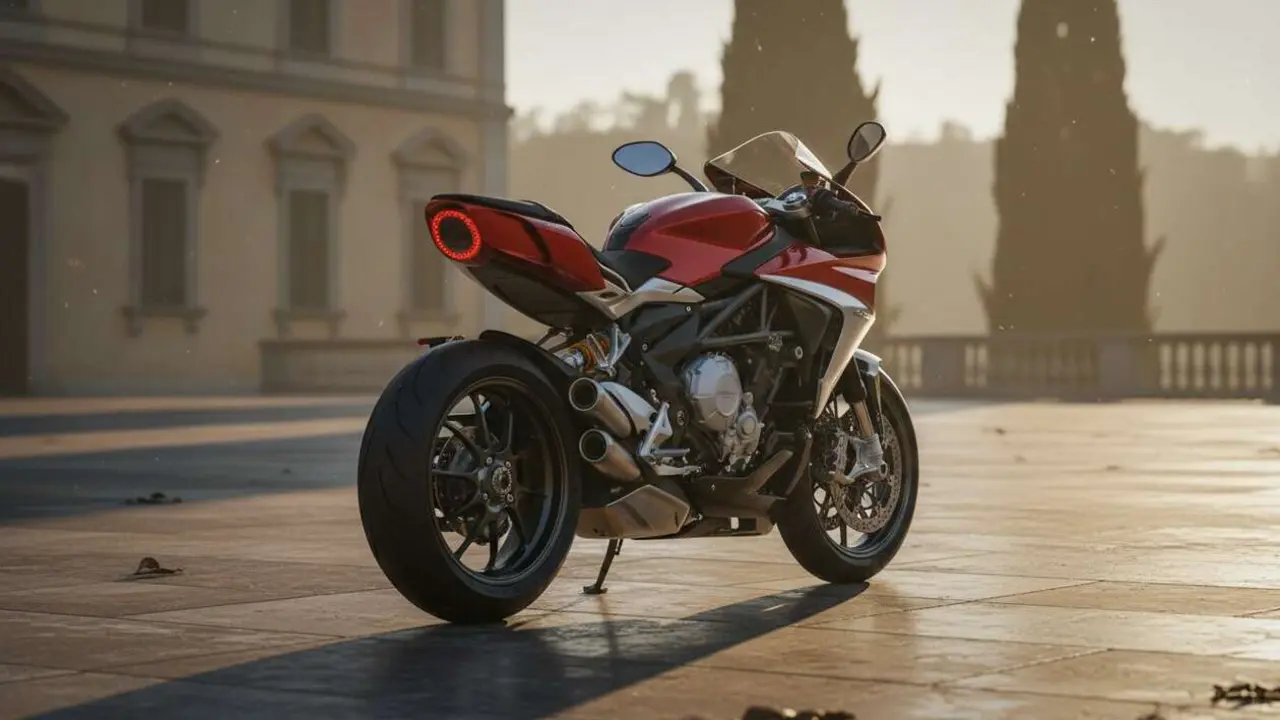  Vista lateral de la motocicleta MV Agusta Superveloce mostrando su dise&ntilde;o elegante y potencia italiana en carretera &mdash; Imagen generada por IA 