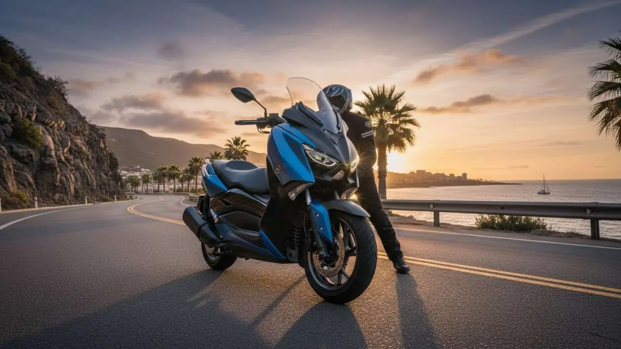  Yamaha XMAX 300 en acci&oacute;n mostrando su dise&ntilde;o moderno y rendimiento ideal para motos de 300cc urbanas &mdash; Imagen generada por IA 