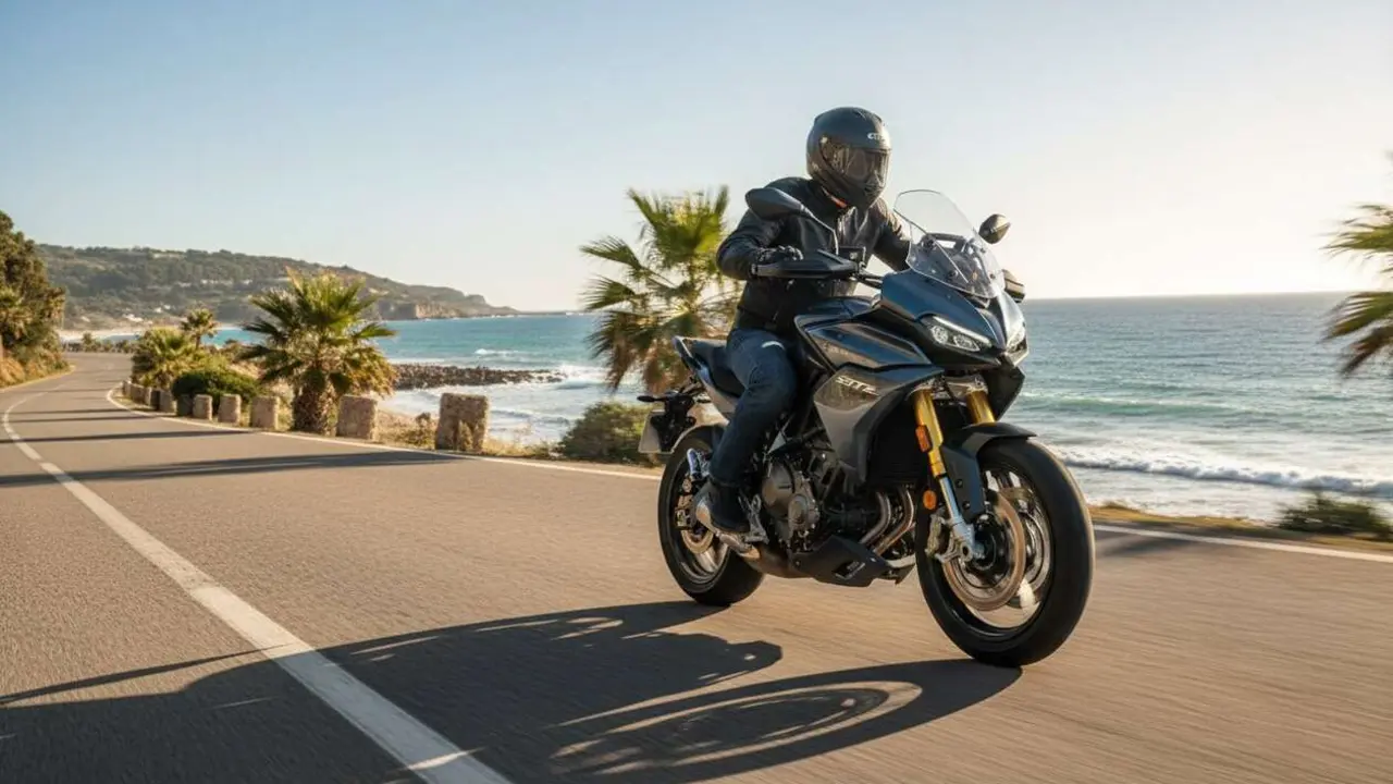  Motocicleta QJMOTOR SRT 900S On Road con dise&ntilde;o moderno y potencia excepcional para conducir en carretera &mdash; Imagen generada por IA 