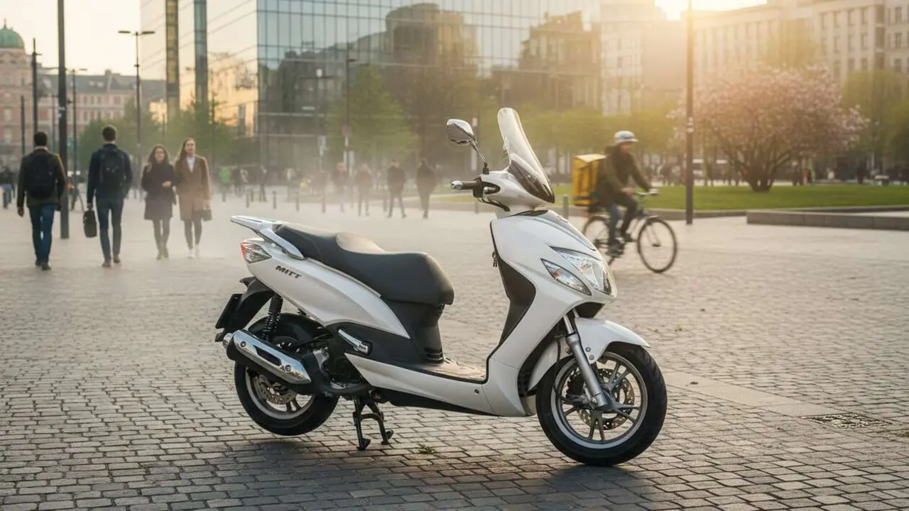  Motocicleta MITT GTS 125 destacada por su eficiencia y econom&iacute;a en movilidad urbana actual &mdash; Imagen generada por IA 