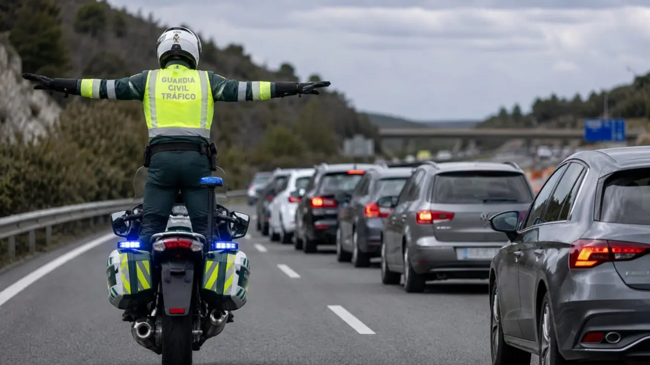 El guardia civil de pie en la moto