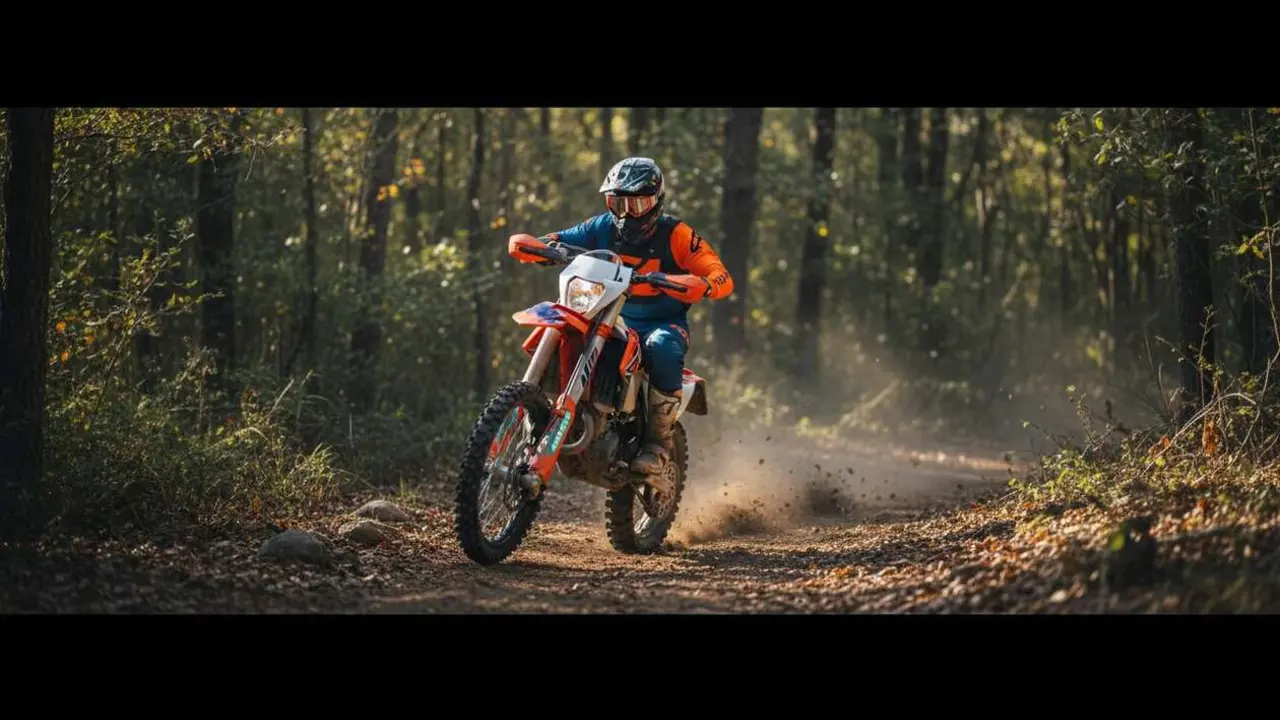  KTM 300 EXC 2027 de dos tiempos en acci&oacute;n mostrando su potencia y dise&ntilde;o innovador para motocross y enduro &mdash; Imagen generada por IA 