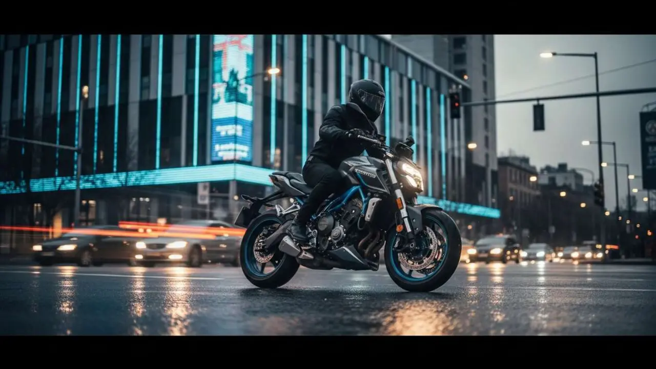  Vista lateral de la motocicleta CFMOTO 800NK destacando su dise&ntilde;o moderno y rendimiento superior en carretera - Imagen generada por IA 