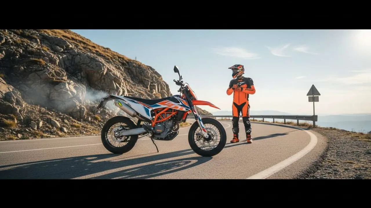  Nueva KTM 390 SMC R 2026 destacada en carretera, ideal para conductores con carnet A2 buscando motocicleta potente y ligera - Imagen generada por IA 