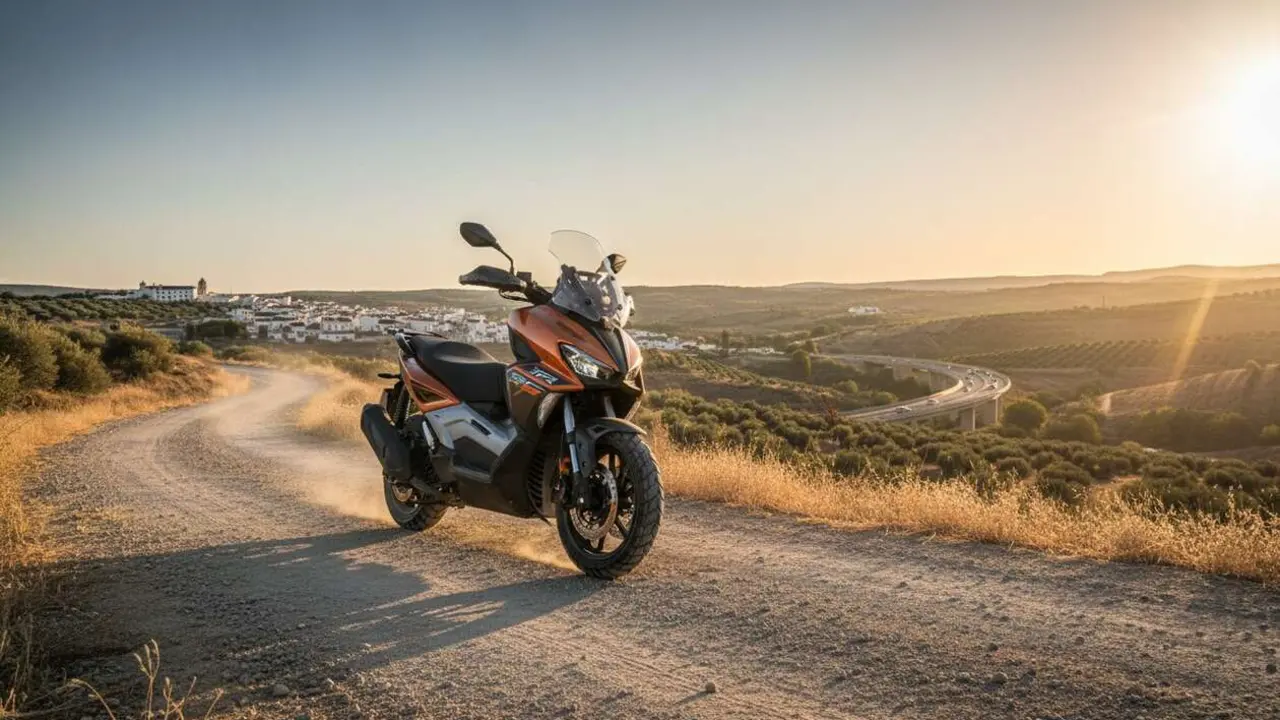  Voge SR450X scooter trail moderno en acci&oacute;n revolucionando el mercado de motos en Espa&ntilde;a 2026 - Imagen generada por IA 