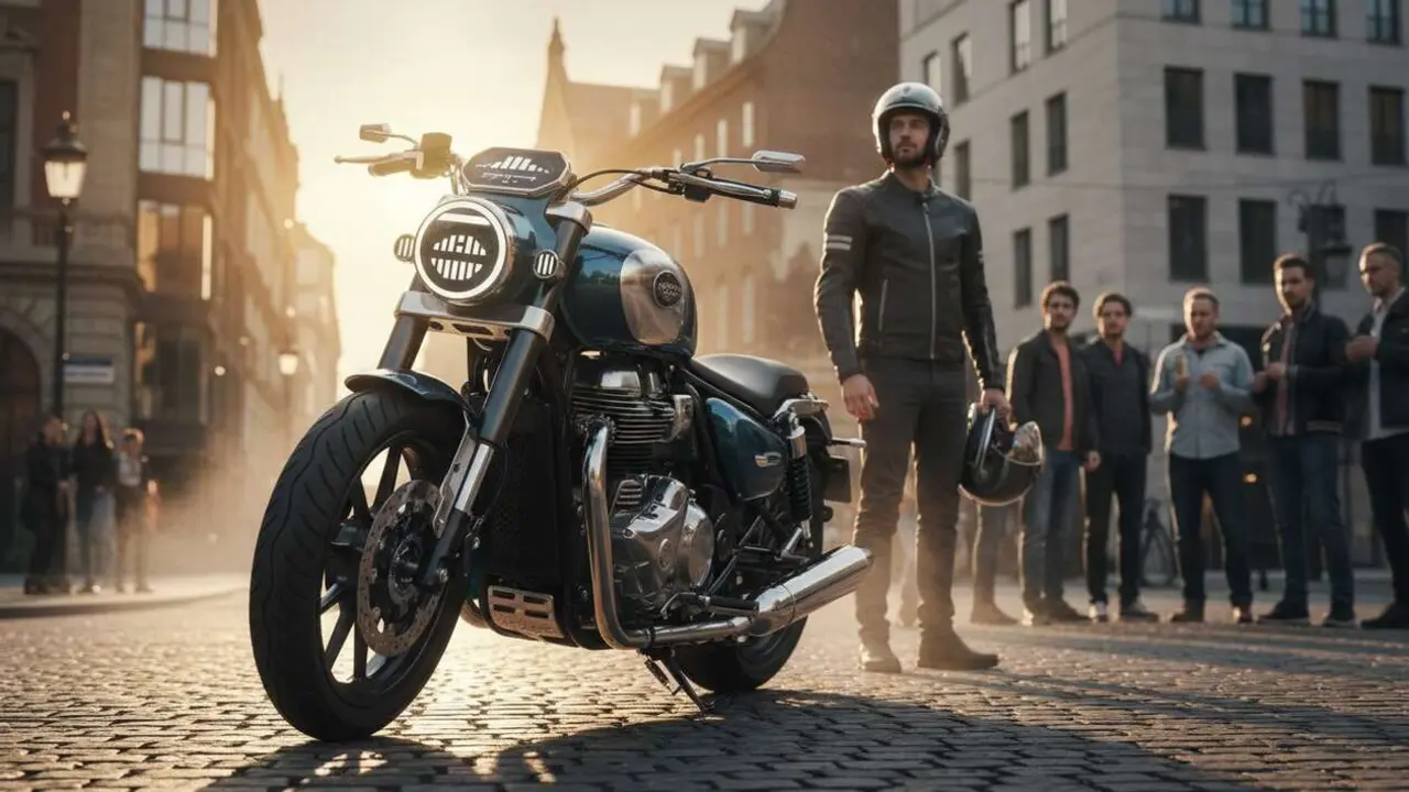  Royal Enfield Meteor 350 2027 destacada en carretera mostrando dise&ntilde;o y tecnolog&iacute;a innovadora para motoristas modernos - Imagen generada por IA 