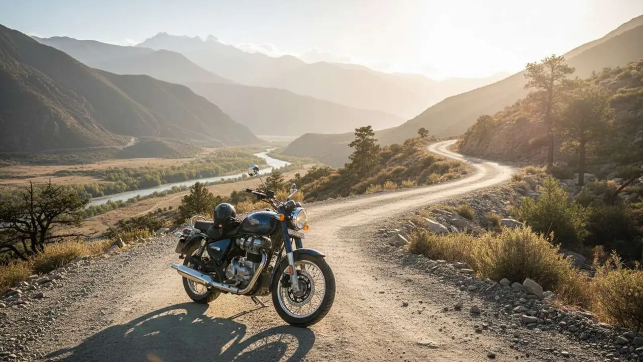  Royal Enfield Meteor 350 en ruta de aventura mostrando su dise&ntilde;o cl&aacute;sico y desempe&ntilde;o confiable para todo tipo de terrenos - Imagen generada por IA 