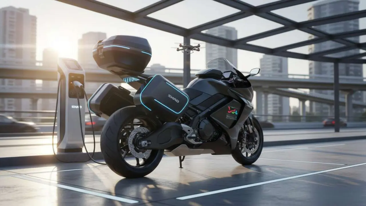  Maletas inteligentes SHAD para motos con dise&ntilde;o innovador y tecnolog&iacute;a avanzada ideal para viajeros urbanos - Imagen generada por IA 