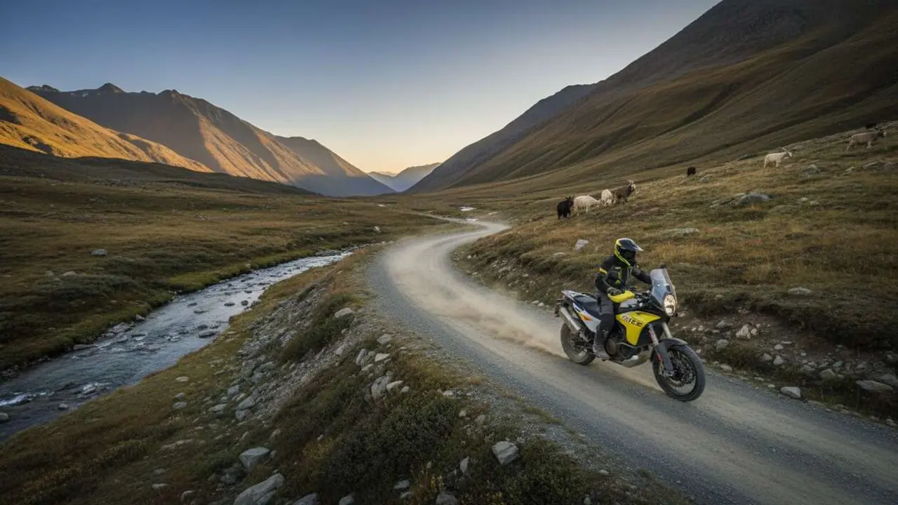  Husqvarna Norden 901 Expedition en terreno de aventura mostrando su dise&ntilde;o robusto y caracter&iacute;sticas ideales para viajes largos - Imagen generada por IA 