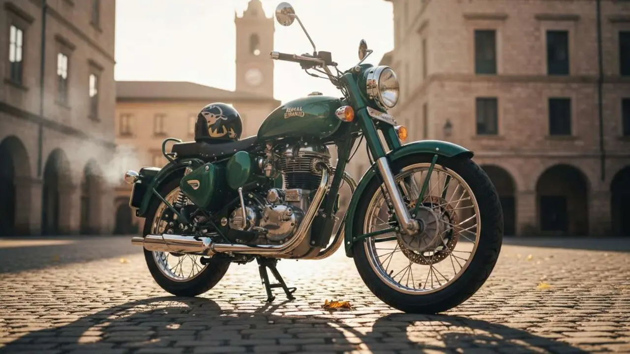  Royal Enfield Classic 350 en carretera mostrando su dise&ntilde;o cl&aacute;sico y potencia para los amantes de las motos vintage - Imagen generada por IA 