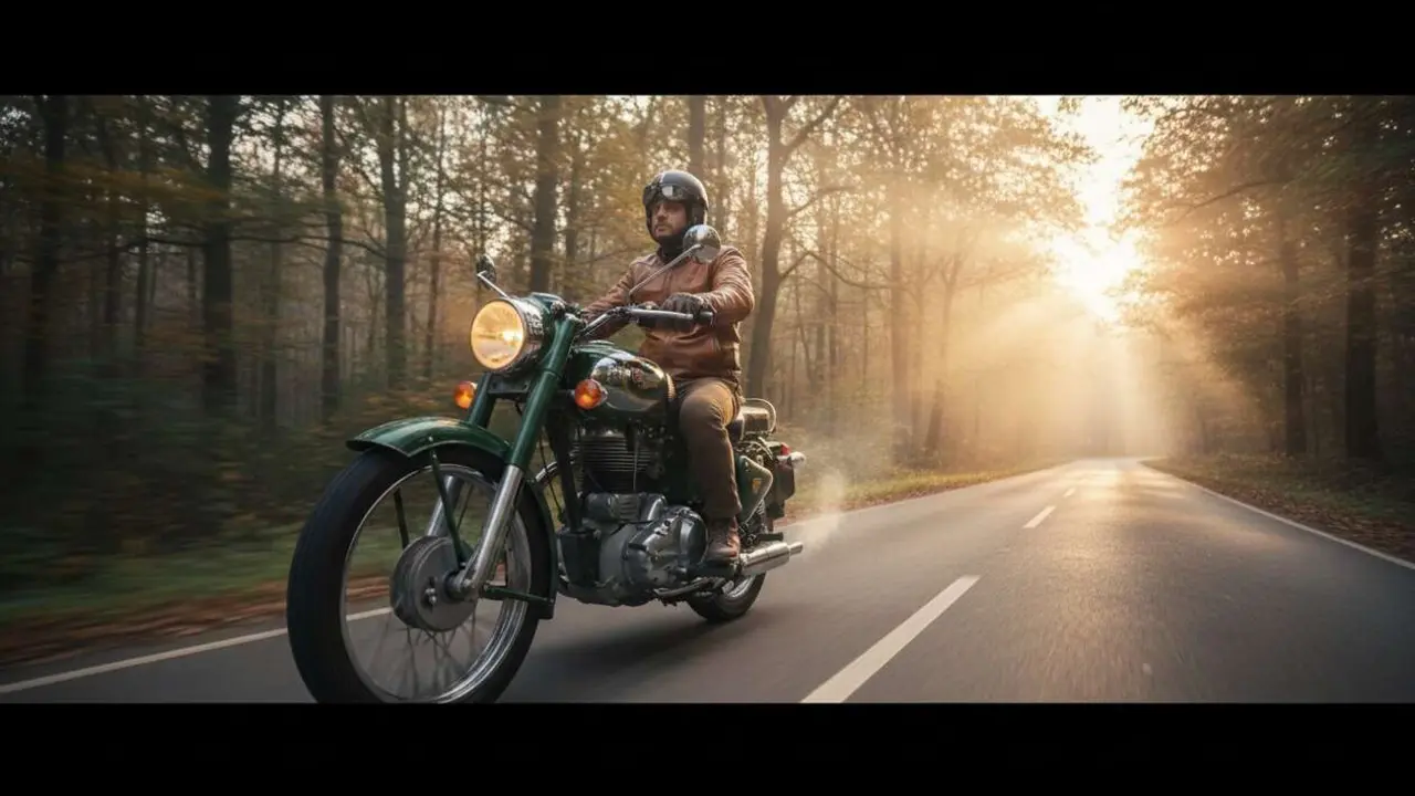  Royal Enfield Bullet cl&aacute;sica en carretera destacando su dise&ntilde;o ic&oacute;nico y rendimiento en motos modernas - Imagen generada por IA 