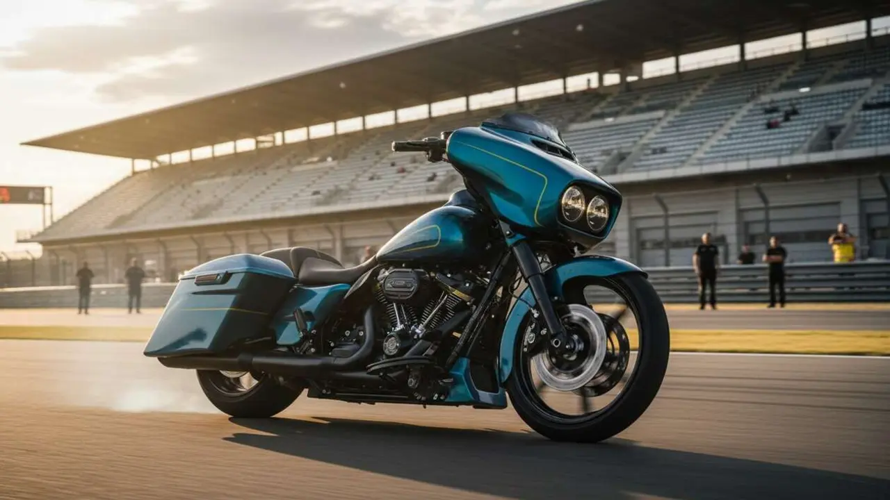  Harley-Davidson Bagger de m&aacute;s de 200 CV en MotorLand mostrando su potencia y dise&ntilde;o revolucionario - Imagen generada por IA 