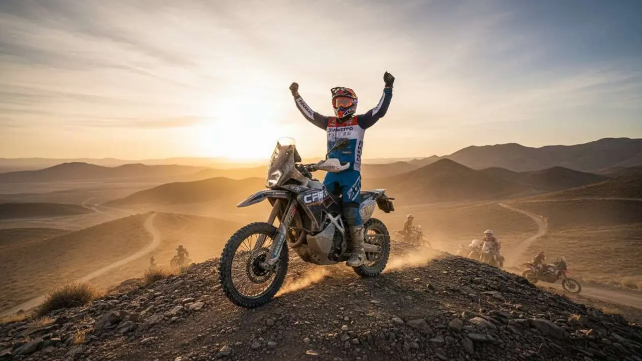  Mario Rom&aacute;n celebrando su sorprendente victoria en la competici&oacute;n con la moto CFMOTO 450MT roja - Imagen generada por IA 