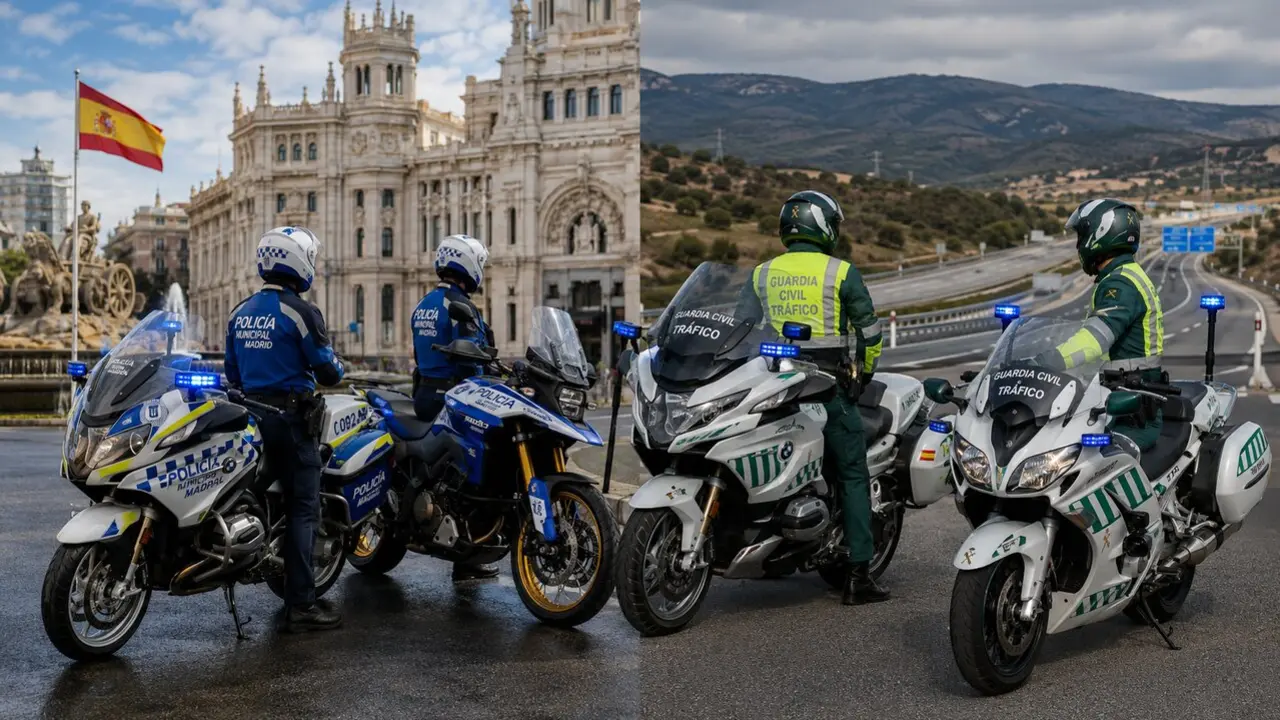 Las motos de la polic&iacute;a local de Madrid y las de la Guardia Civil