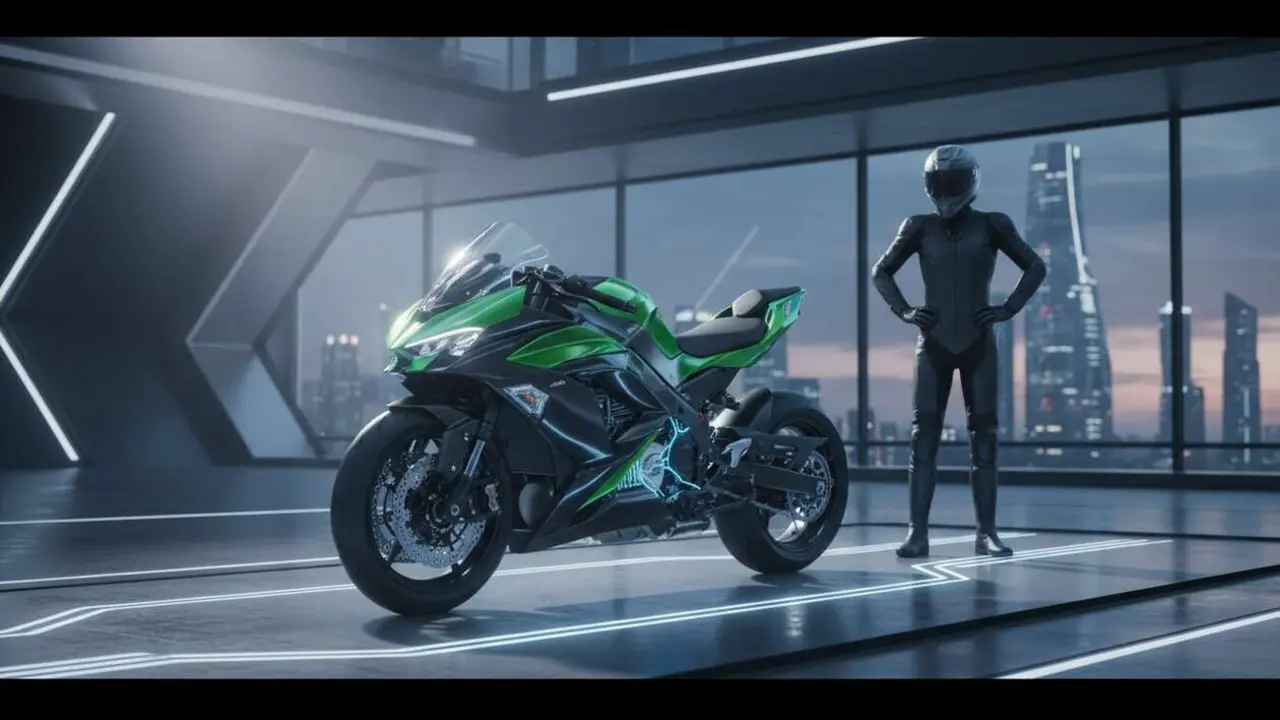  Kawasaki Ninja el&eacute;ctrica 2027 en primer plano con dise&ntilde;o futurista y tecnolog&iacute;a innovadora para motos el&eacute;ctricas - Imagen generada por IA 