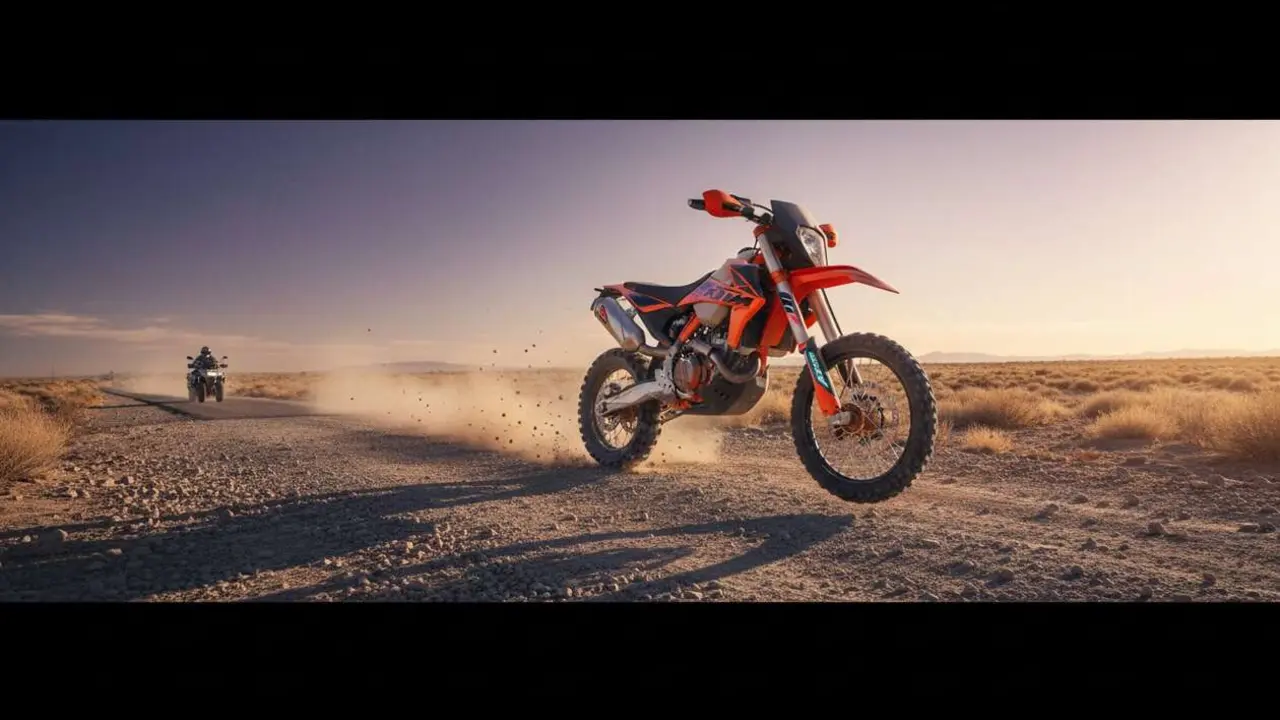  KTM 510 cc Enduro en acci&oacute;n mostrando su potencia y dise&ntilde;o para desafiar a BMW y Suzuki en terrenos dif&iacute;ciles - Imagen generada por IA 