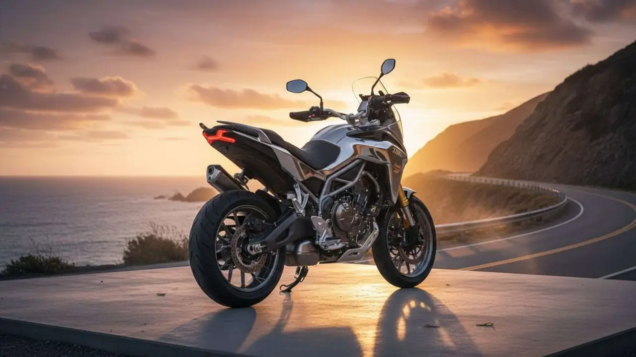  Zontes 703T 2026 en carretera mostrando su dise&ntilde;o moderno y potencia de 95 CV para motos A2 - Imagen generada por IA 